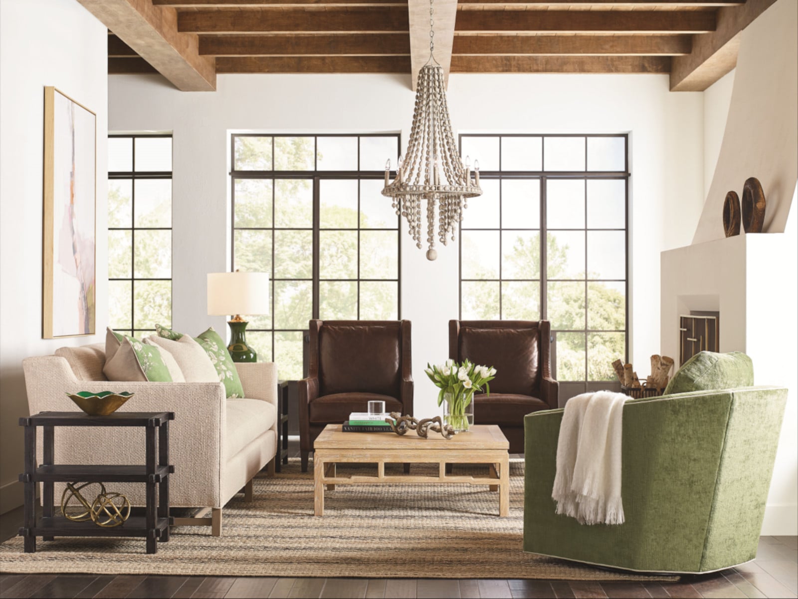 Walsh Long Sofa, Chandler Leather Chair, Jewel Swivel Chair
