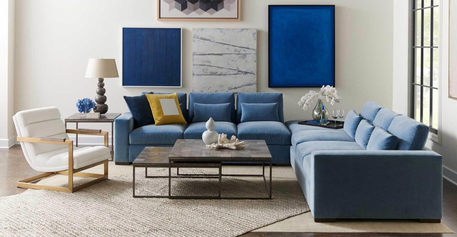 Aria Chair, Nolan Side Table, Nolan Bunching Cocktail Table Large, Nolan Bunching Table Small, Corso Sectional