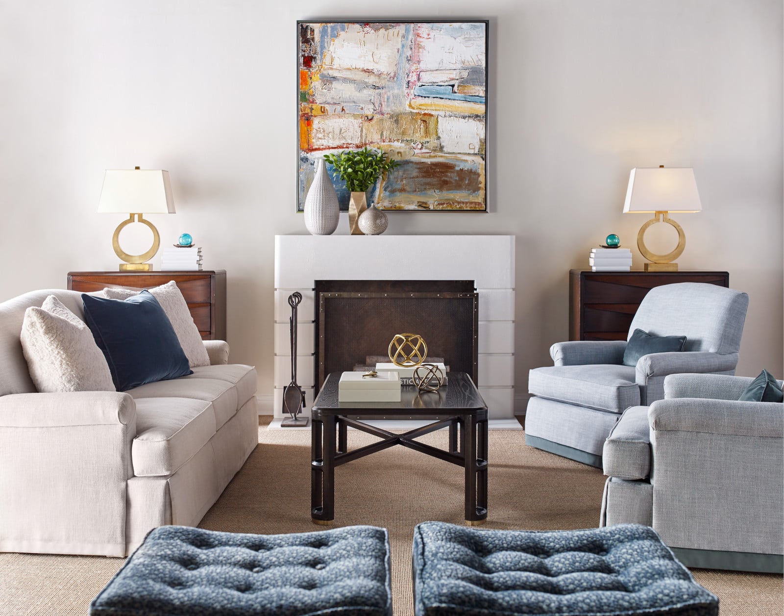 Amelia Dressmaker Sofa, Amelia Dressmaker Chair, Topper Bunching Stool, Sorrento Chest, Duval Cocktail Table