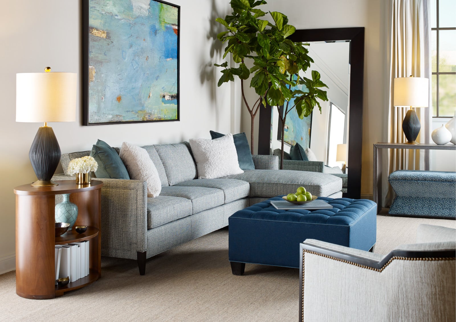 Delano Rectangular Mirror, Seagram Sofa Table, Bodrum Cocktail Ottoman, Faceted Bench, Jane Swivel Chair, Brooks Narrow Track Arm Sectional