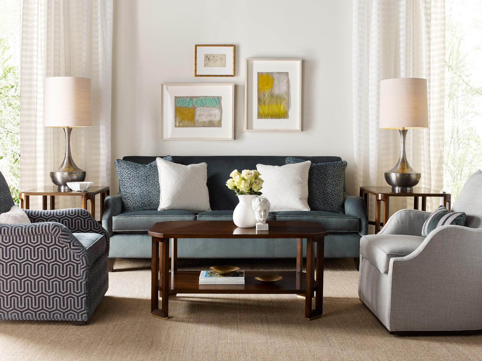 Duval End Table, Tate Cocktail Table, Tate End Table, Emma Plinth Base Chair, Nora Chair, Nora Sofa