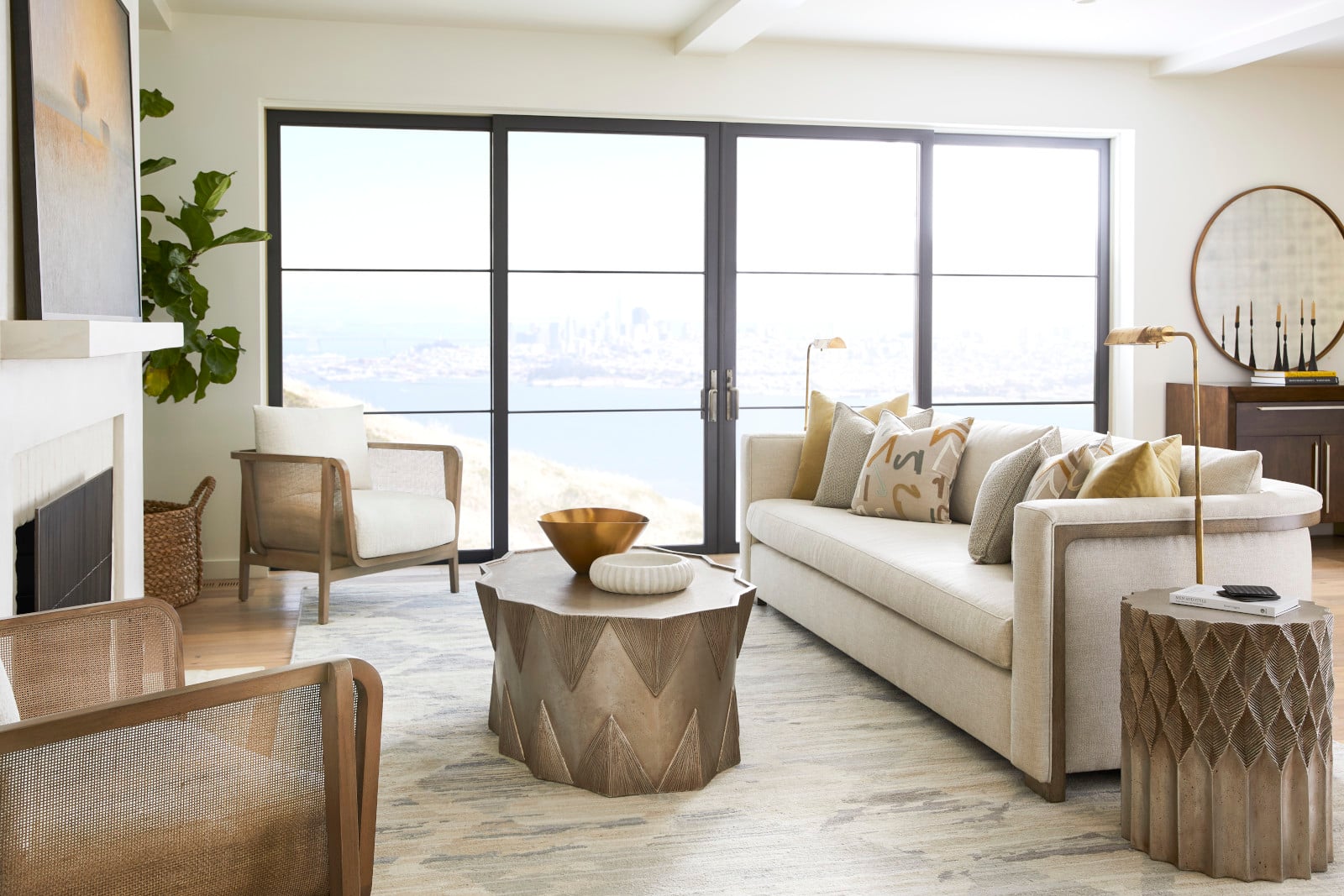Soleil Oval Cocktail Table, Soleil Spot Table, Fritz Chair, Brandt Bench Seat Extended Sofa
