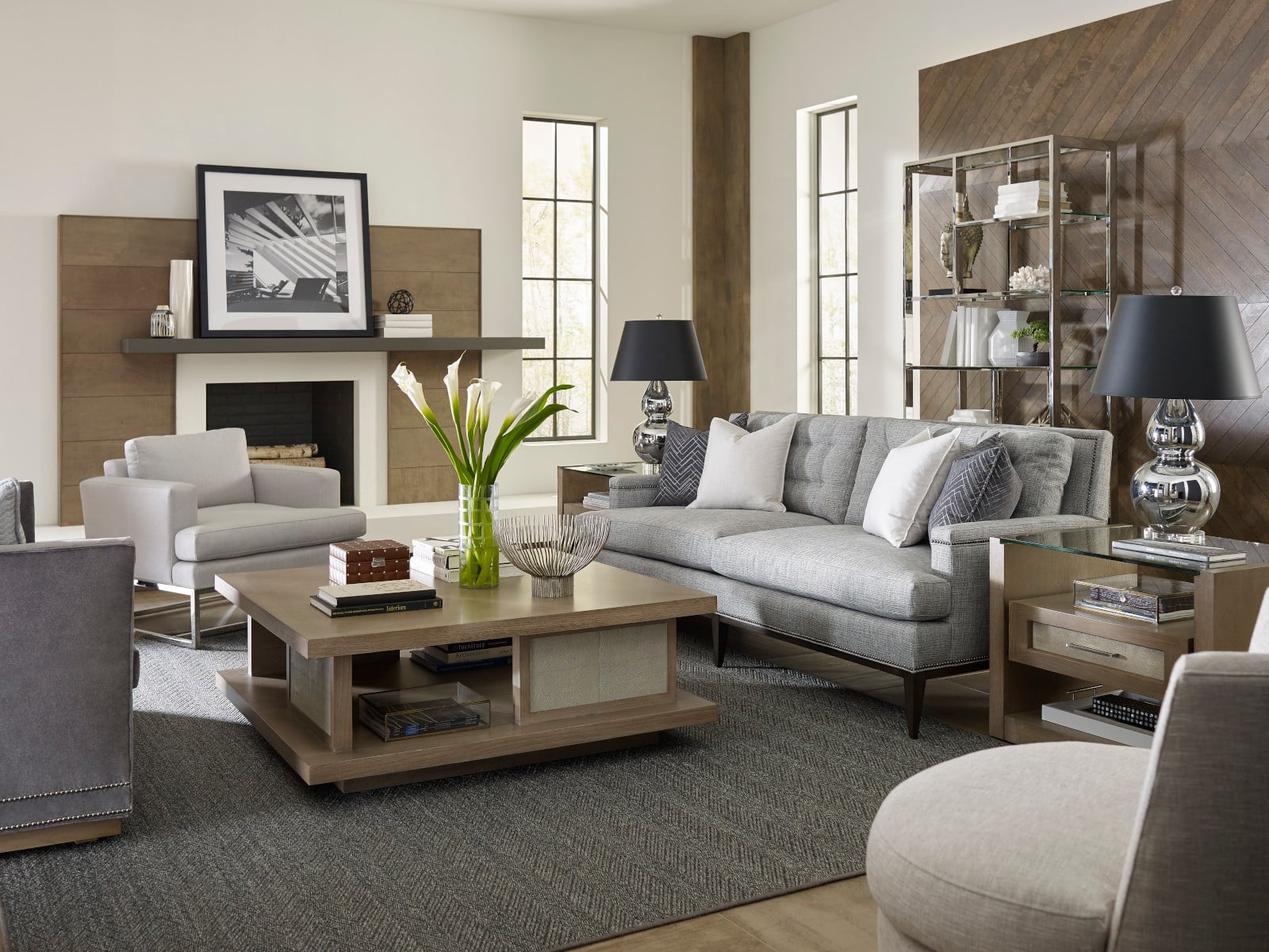 Tierman Etagere, Desmond End Table, Kip Chair, Greenfield Two Seat Sofa, Talbot Swivel Chair