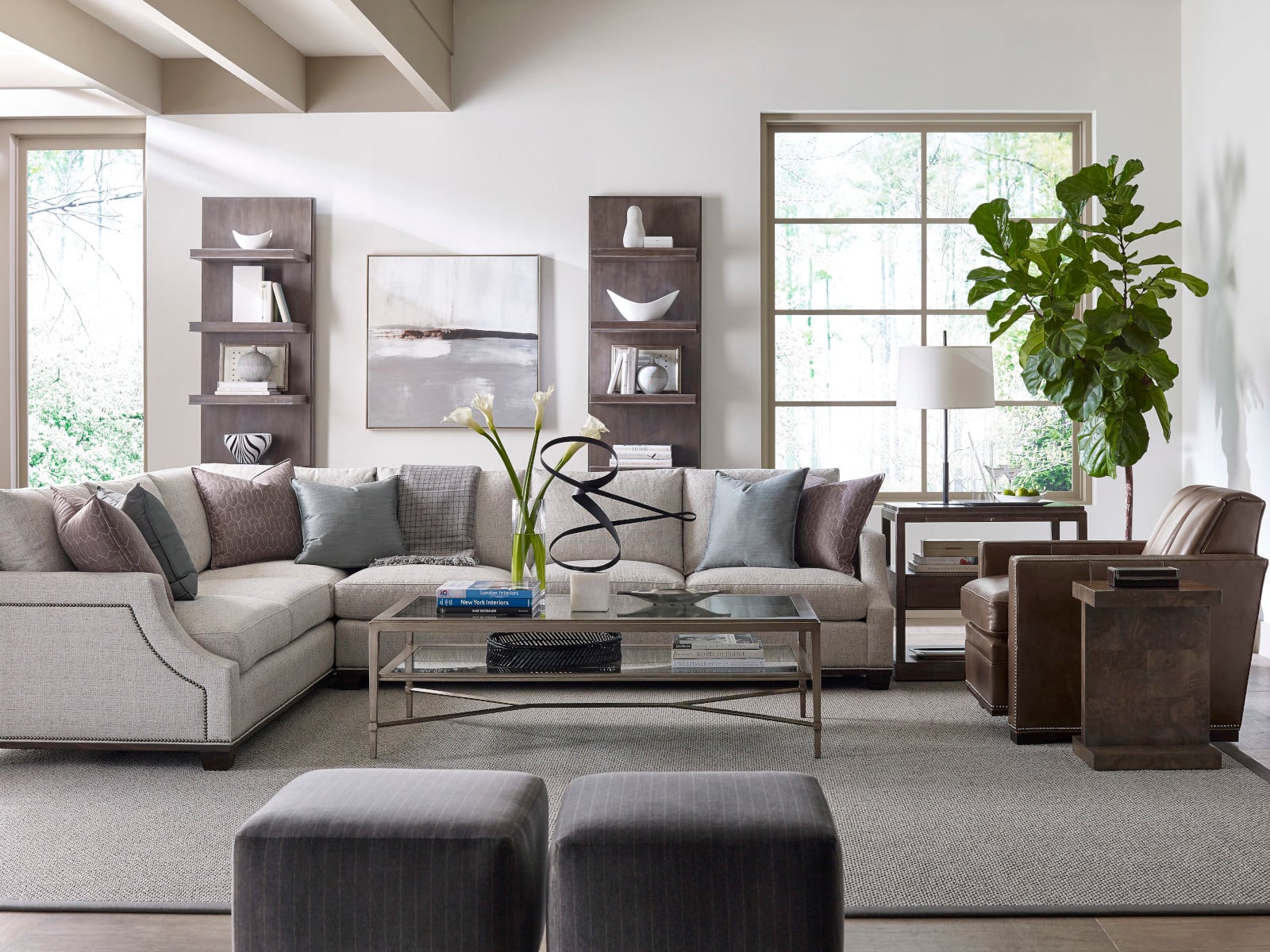 Abingdon Sectional, Beckwith End Table, Bradshaw Etagere, Tennyson Side Table, Mulligan Ottoman