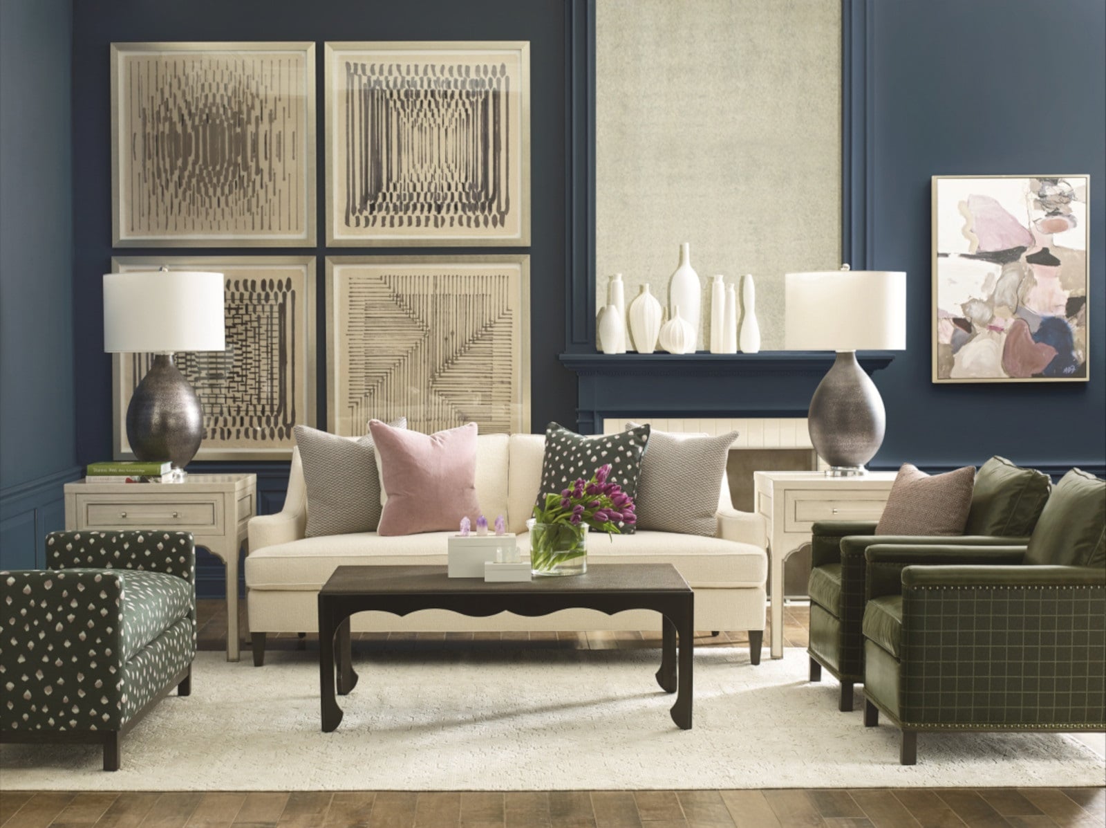 Harlow Sofa, Rowan Bench Ottoman, Gotham Chair